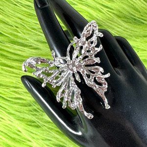 Big bold butterfly ring adjustable statement in silver tone metal